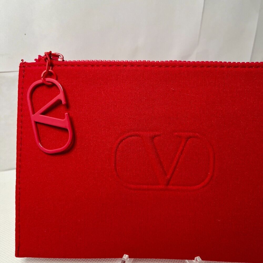 Valentino Red Zippered Beauty Pouch Clutch Logo Zipper Pull - Picture 2 of 4